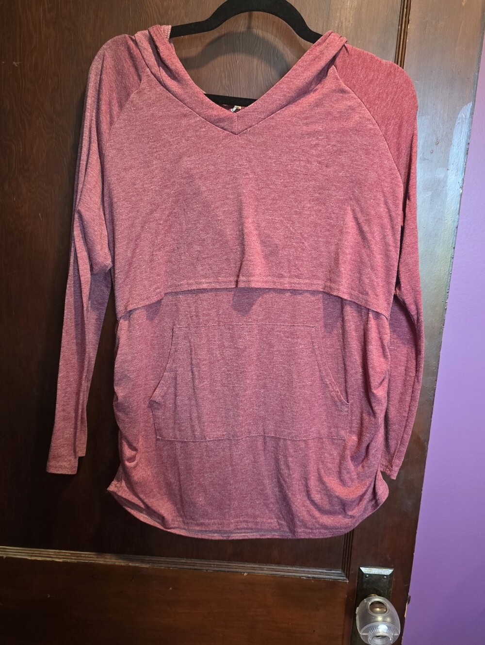 Women's Heather Red Maternity/breast Feeding Lightweight Hooded Layered Pullover